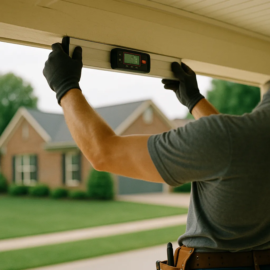 Installer hands using laser level to survey porch header beam during motorized screen installation