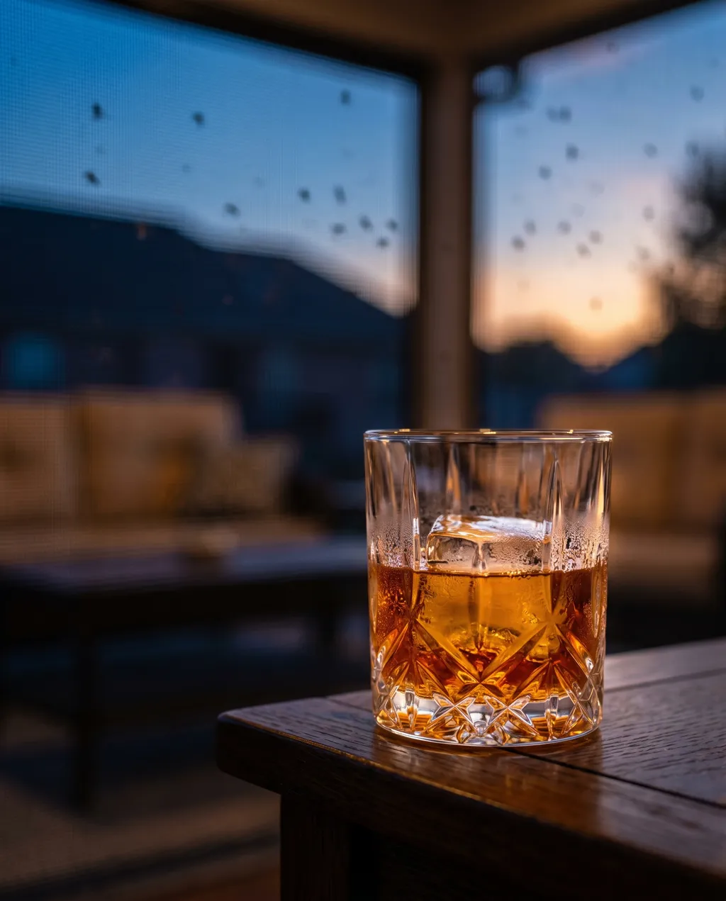 Bourbon glass on a screened Lexington porch at dusk — mosquitoes pressed against the mesh outside, bourbon inside